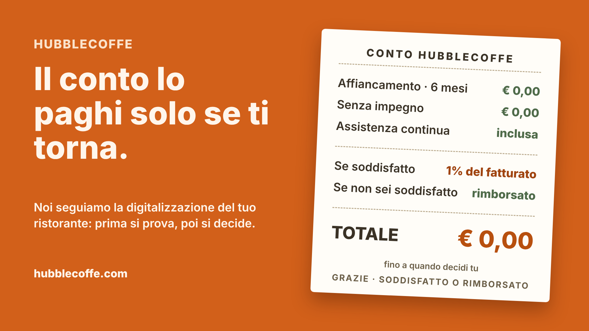 Il conto lo paghi solo se ti torna. Affiancamento di 6 mesi senza impegno a 0 euro; se sei soddisfatto 1% del fatturato, se non lo sei rimborsato.